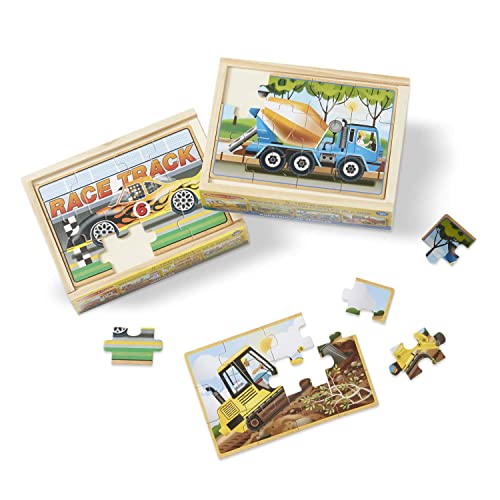 Melissa & Doug Construction Vehicles 4-in-1 Wooden Jigsaw Puzzles in a Box (48 pcs) – FSC-Certified Materials
