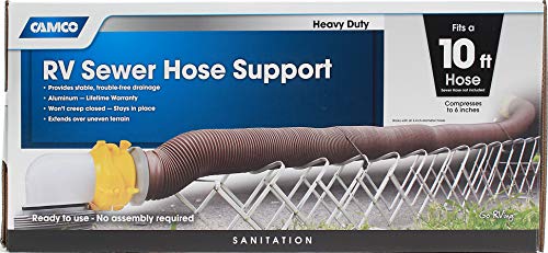 Camco Aluminum Sewer Hose Support, Supports Sewer Hoses Up to 10′, Includes Strap Kit to Secure Your Hose in Place, Durable Construction, Lightweight Design, 40351
