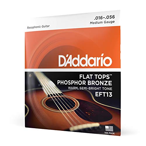 D’Addario Guitar Strings – Acoustic Guitar Strings – Flat Tops Phosphor Bronze – For 6 String Guitar – Warm, Semi-Bright Tone – EFT13 – Resophonic Guitar, 16-56