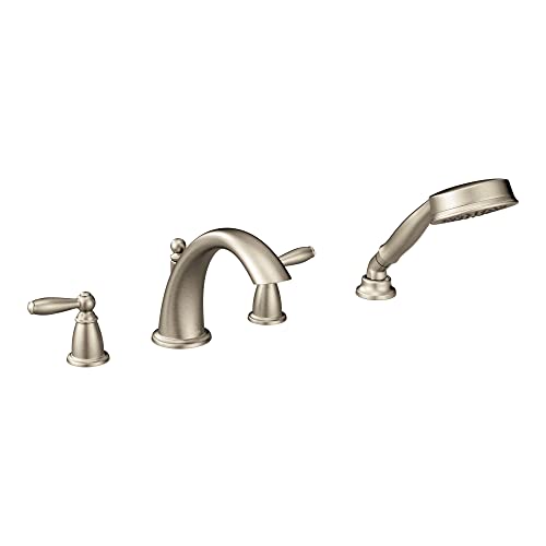 Moen Brantford brushed Nickel Two-Handle Deck Mount Roman Tub Faucet Trim Kit with Single Function Handshower, Valve Required, T924BN