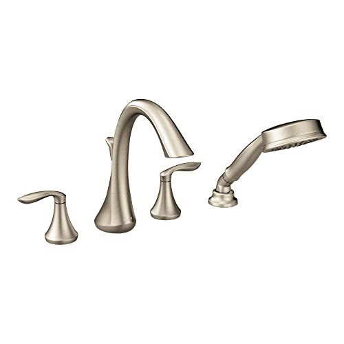 Moen Eva Brushed Nickel Two-Handle Deck Mount Roman Tub Faucet Trim Kit with Single Function Handshower, Valve Required, T944BN