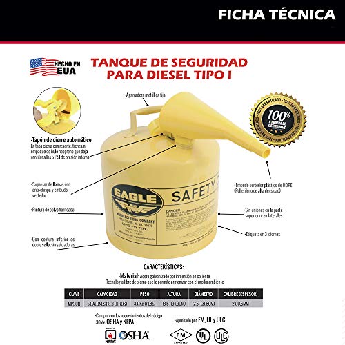 Eagle UI-50-FSY Yellow Galvanized Steel Type I Diesel Safety Can with Funnel, 5 gallon Capacity, 13.5″ Height, 12.5″ Diameter | The Storepaperoomates Retail Market - Fast Affordable Shopping