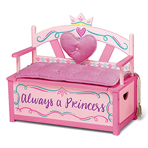 Wildkin Kids Princess Wooden Bench Seat With Storage, Toy Box Bench Seat Features Safety Hinge, Padded Backrest, Seat Cushion, and Two Carrying Handles, Measures 32 x 15.5 x 27.5 Inches (Pink)
