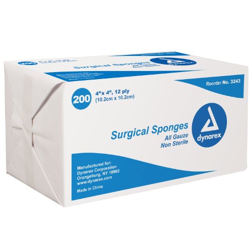 Dynarex Surgical Gauze Sponges, Non-Sterile Pads for General Cleaning and Wound Packing, Made from 100% Absorbent Cotton, 4″ x 4,” 12-Ply and Latex-Free, 1 Box of 200 Dynarex Surgical Gauze Sponges