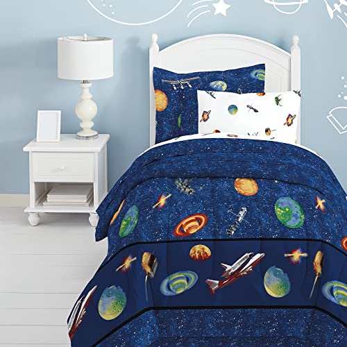 Dream Factory Kids 6-Piece Complete Set with Bedskirt Easy-Wash Super Soft Comforter Bedding, Twin, Blue Outer Space Satellites