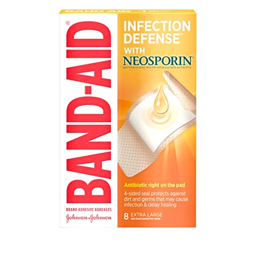 Band-Aid Brand Adhesive Bandages Infection Defense with Neosporin Antibiotic Ointment, for Wound Care and First Aid, Extra Large, 8 ct