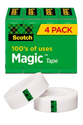 Scotch Magic Tape, 4 Rolls, Numerous Applications, Invisible, Engineered for Repairing, 3/4 x 1000 Inches, Boxed (810K4), Transparent