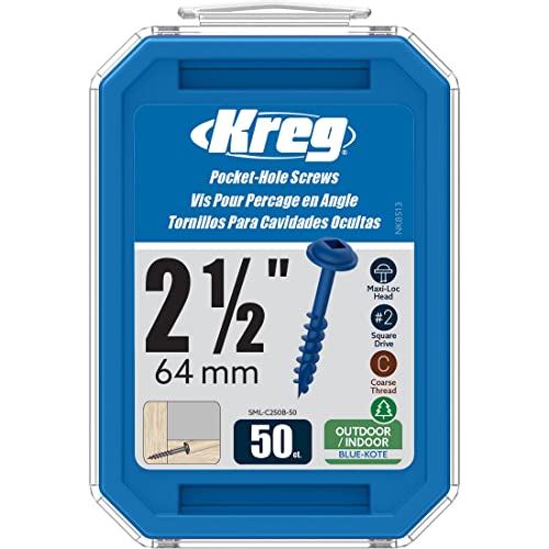 Kreg SML-C250B-50 Blue Kote Pocket Screws, 2 1/2-Inch, Coarse Thread, Maxi-Loc Head (50 Count)