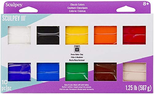 Sculpey III 10 Classic Colors of Polymer Oven-Bake Clay, Non Toxic 1.25 lbs., great for modeling, sculpting, holiday, DIY & school projects. Great for Kids, beginners and artists!