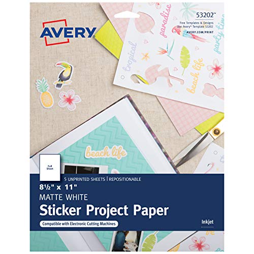 Avery Printable Sticker Paper, 8.5″ x 11″, Inkjet Printer, White, 5 Repositionable Sticker Sheets (53202)