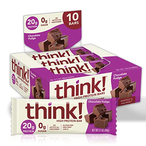 think! Protein Bars, High Protein Snacks, Gluten Free, Sugar Free Energy Bar with Whey Protein Isolate, Chocolate Fudge, Nutrition Bars without Artificial Sweeteners, 2.1 Oz (10 Count)
