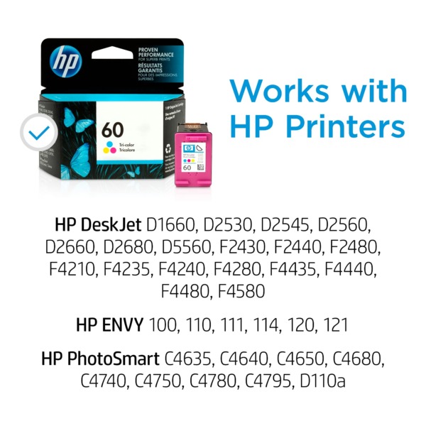 HP 60 Tri-color Ink Cartridge | Works with DeskJet D1660, D2500, D2600, D5560, F2400, F4200, F4400, F4580; ENVY 100, 110, 120; PhotoSmart C4600, C4700, D110a Series | CC643WN