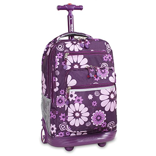 J World New York Sundance Rolling Backpack Girl Boy Roller Bookbag, Purple Flower, 20 X 13 X 9 (H X W X D)