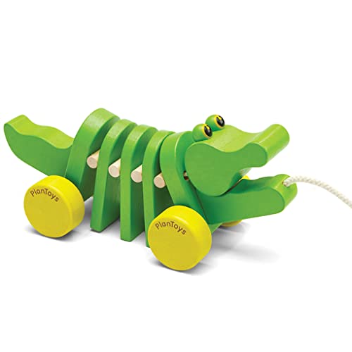 PlanToys Dancing Alligator Push & Pull Toy – Sustainably Made from Rubberwood with 3 Organic-Pigment Color Options and Makes Click-Clack Sounds and Dancing Movements when Pulled (Natural)