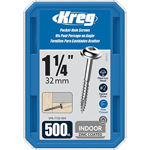 Kreg SML-F125-5000 Zinc Pocket Screws, 1 1/4 Inch, 7 Fine Thread, Maxi-Loc Head (500 Count)