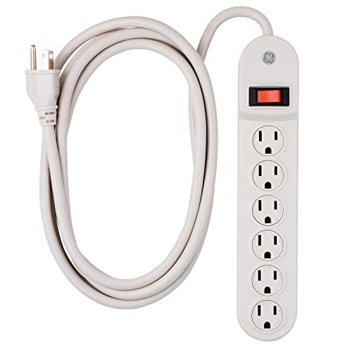 GE 6-Outlet Power Strip, 9 Ft Extension Cord, Twist-to-Lock Safety Covers, Integrated Circuit Breaker, UL Listed, White, 55253