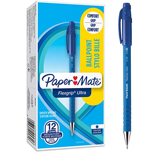 Paper Mate Medium Point (1.0 mm) Flexgrip Ultra Capped Ballpoint Pen, Blue, Box of 12