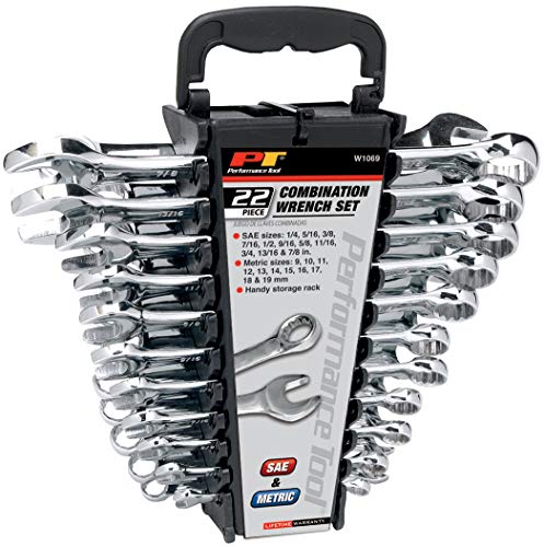 Performance Tool W1099 22-Piece SAE and Combination Metric Wrench Set with Organizer Rack