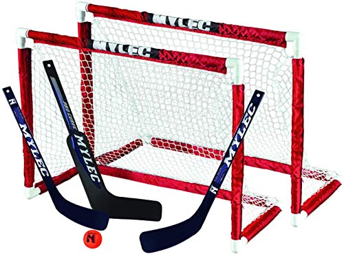 MyLec Deluxe Mini Hockey Set, with 2 Hockey Goal, 2 Pre-Curved Hockey Sticks,1 Goalie Stick & 1 Soft Ball, Sleeve Netting System, PVC Tubing Net, Lighweight & Durable, Enhanced Grip (Red/White)