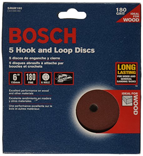 BOSCH SR6R180 5-Piece 180 Grit 6 In. 6 Hole Hook-And-Loop Sanding Discs , Red