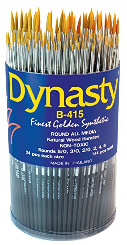 Dynasty B-415 Fine Golden Synthetic Nylon Brushes – Assorted Round Sizes – Set of 144 – Black