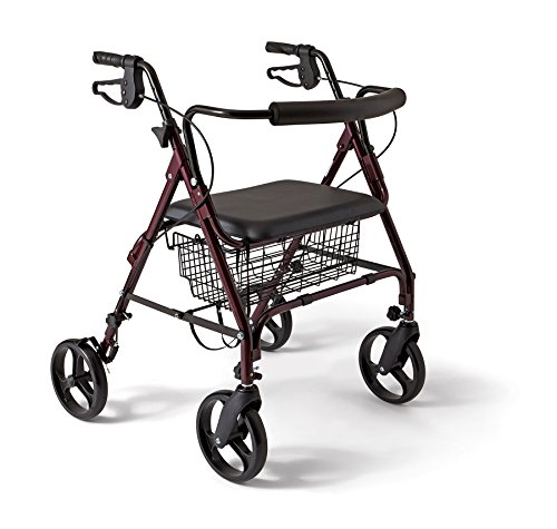 Medline Heavy Duty Rollator Walker with Seat, Bariatric Aluminum Rolling Walker Supports up to 400 lbs, Burgundy