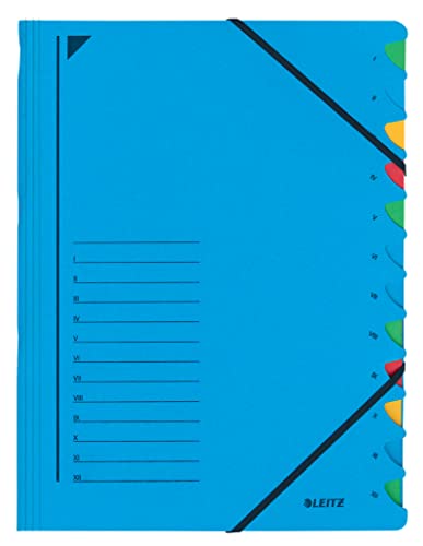 Leitz A4 Divider Book, Holds Up to 200 Sheets, 12 Compartments, Elastic Closure, Blue, Office Range, 39120035