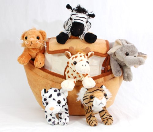 Plush Noah’s Ark with Animals – Six (6) Stuffed Animals (Lion, Zebra, Tiger, Giraffe, Elephant, and White Tiger) in Play Ark Carrying Case