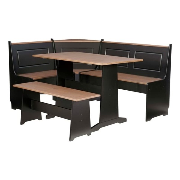 Linon Ardmore Wood Patio Conversation Kitchen Breakfast Corner Nook Table Booth Bench Dining Set in Black and Pecan