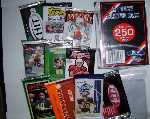 Football Card Pack Gift Set – Sports Cards Birthday or Christmas Lot – 10 Different Unopened Football Packs from the Recent Past! Pull Rookies, Autographs or Memorabilia Cards ??? – Comes with Storage Box and Sleeves – Sportscards & Trading Cards Collecti