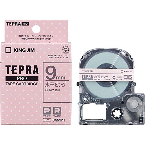 King Jim Tepra PRO SWM9PH Tape Cartridge, Polka Dot Pink/Gray Letters