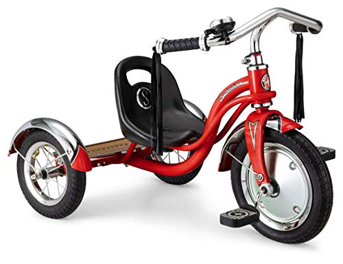 Schwinn Roadster Bike for Toddlers, Kids Classic Tricycle, Boys and Girls Ages 2 – 4 Years Old, Steel Trike Frame, Rear Deck Made of Genuine Wood, & Fabric Tassels, Red