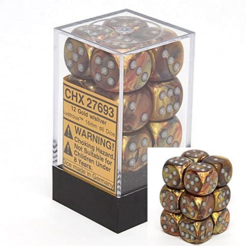 Chessex Dice d6 Sets: Lustrous Gold with Silver – 16mm Six Sided Die (12) Block of Dice