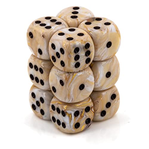 Chessex Dice d6 Sets: Marble Ivory with Black – 16mm Six Sided Die (12) Block of Dice (1-Pack)
