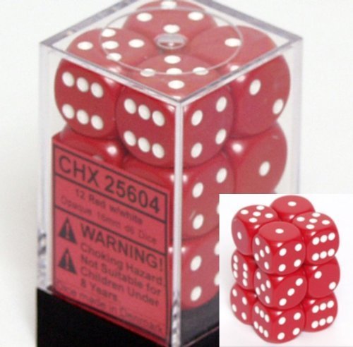 Chessex Dice D6 Sets: Opaque Red with White – 16Mm Six Sided Die (12) Block of Dice