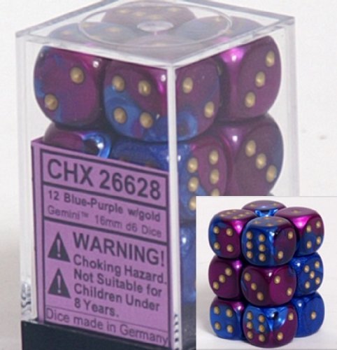 Chessex Dice d6 Sets: Gemini Blue & Purple with Gold – 16mm Six Sided Die (12) Block of Dice