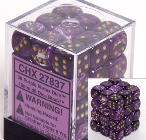 Chessex Dice D6 Sets: Vortex Purple with Gold – 12Mm Six Sided Die (36) Block of Dice