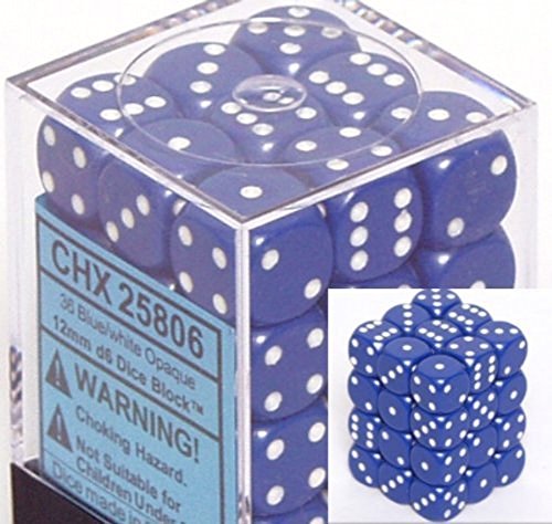 Chessex Dice D6 Sets: Opaque Blue with White – 12Mm Six Sided Die (36) Block of Dice