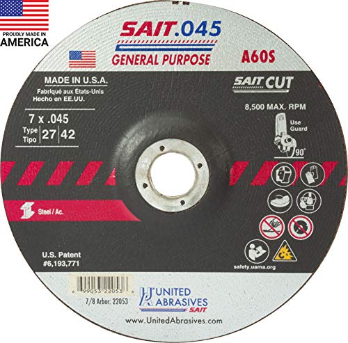 United Abrasives-SAIT 22053 A60S General Purpose Cut-Off Wheels (Type 27/Type 42 Depressed Center) 7″ x .045″ x 7/8″, 50-Pack