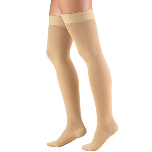 Truform 20-30 mmHg Compression Stockings for Men and Women, Thigh High Length, Dot Top, Closed Toe, Beige, Large