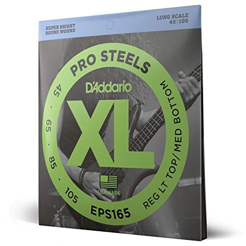 D’Addario XL ProSteels Bass Guitar Strings – EPS165 – Long Scale – Regular Light Top/Medium Bottom, 45-105
