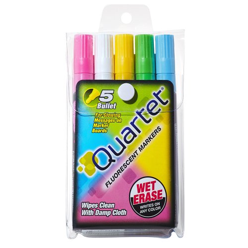 Quartet Glo-Write Fluorescent Markers, Bullet Tip, Wet-Erase, White Board Dry Erase Pens for Teachers, Home School & Office Supplies, Assorted Bold Colors, 5 Pack (5090)
