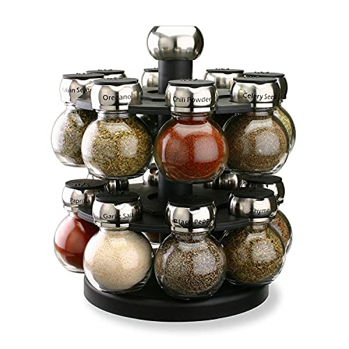 Olde Thompson Orbit Rotating Spice Rack, 16 Refillable Spice Jars With Shaker Tops And Labeled Lids For Frequently Used Spices