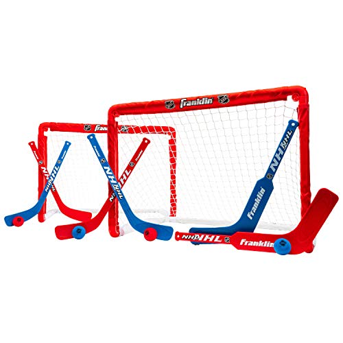 Franklin Sports NHL Kids Mini Hockey Goal Set – (2) Mini + Knee Hockey Goals, (4) Youth Sticks, (2) Goalie Sticks + (4) Foam Balls – Knee + Mini Hockey Set