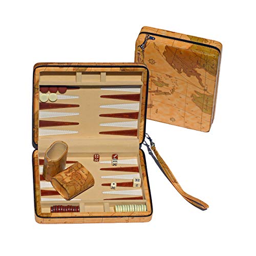 WE Games Backgammon Set, Board Games for Adults – Travel Games – Magnetic with Tan Map Style Leatherette Backgammon Board and Carrying Strap – Travel Backgammon Sets for Adults