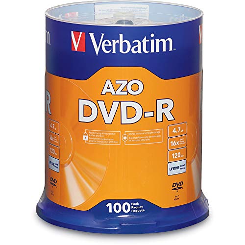 Verbatim DVD-R Blank Discs AZO Dye 4.7GB 16X Recordable Disc – 100 Pack Spindle