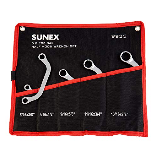 Sunex 9935 SAE Half Moon Wrench Set, 5/16 x 3/8-Inch – 13/16 x 7/8-Inch, Fully Polished, 5-Piece