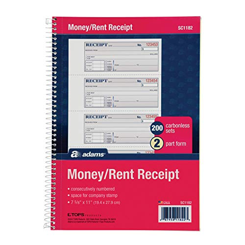 Adams Money and Rent Receipt Book, 2-Part Carbonless, 7-5/8″ x 11″, Spiral Bound, 200 Sets per Book, 4 Receipts per Page (SC1182), White/Canary