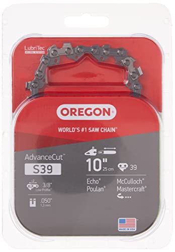 Oregon S39 AdvanceCut Replacement Chainsaw and Pole Saw Chain for 10-Inch Guide Bars, 39 Drive Links, Pitch: 3/8″ Low Vibration, .050″ Gauge, Fits Atlas, Makita, Poulan, and More,Gray