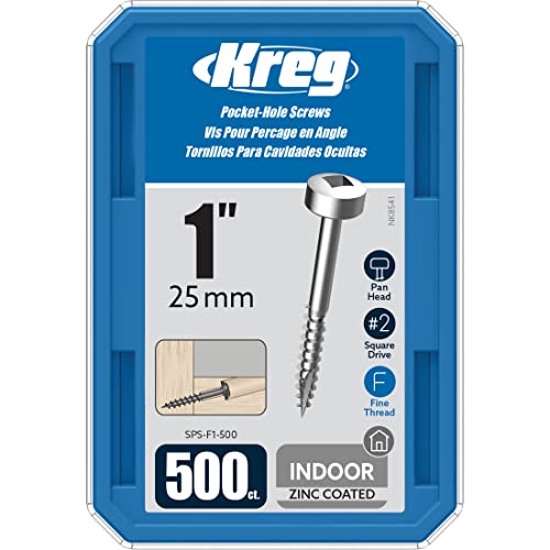 Kreg SPS-F1-500 Zinc Pocket Screws, 1-Inch, 6 Fine Thread, Pan Head (500 Count)
